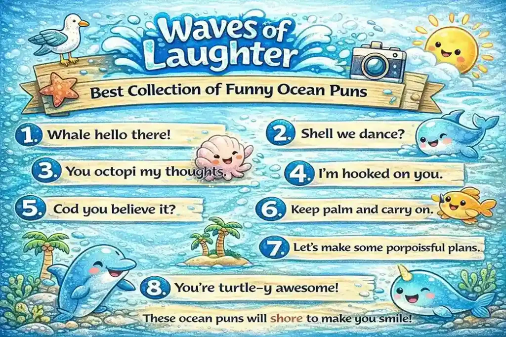 Colorful landscape infographic showing a collection of cute and funny ocean puns with illustrated sea animals and beach-themed design