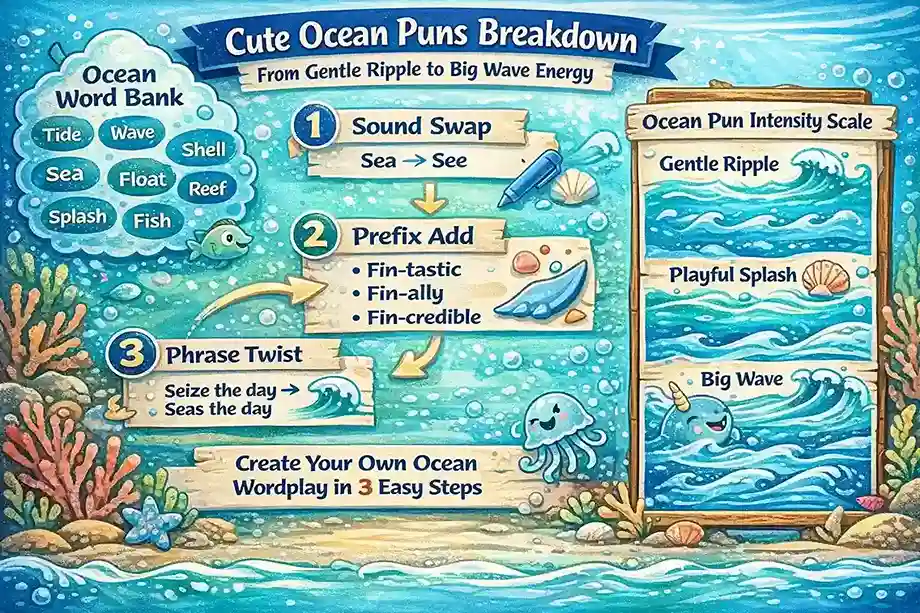 Infographic explaining cute ocean puns with word bank, pun formulas, and ocean pun intensity scale from gentle ripple to big wave energy